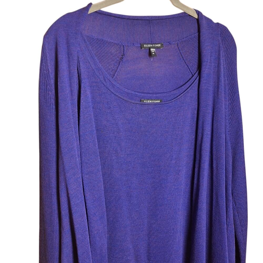 Eileen Fisher 100% Merino Wool Tank cardigan sweater 2 peice set indiago blue M - Picture 7 of 7